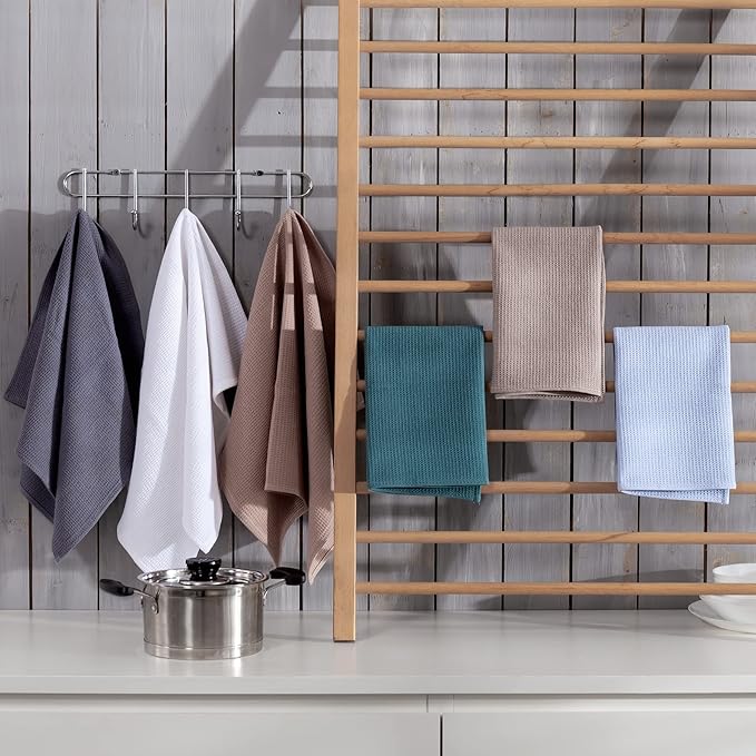 QUILTINA Dish Towels Set,100% Cotton Waffle Weave Kitchen Towels 6 Pack,17 x 25 Inches for Kitchen,Ultra Soft Dish Drying Towels(White, Gray, Light Khaki, Light Blue, Dark Green, Brown)