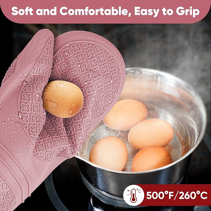 Silicone Oven Mitts, Heat Resistant Oven Gloves with Quilted Liner, Waterproof & Non-Slip Kitchen Mittens for Baking Cooking BBQ, 500°F, 12.5"-Rose Pink