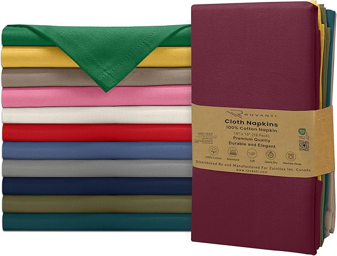 Ruvanti Cloth Napkins Set of 12, 100% Cotton High GSM 18x18 Inches Soft, Washable, Highly Durable & Absorbent, Perfect for Parties, Christmas, Thanksgiving Dinners – Multi Colors