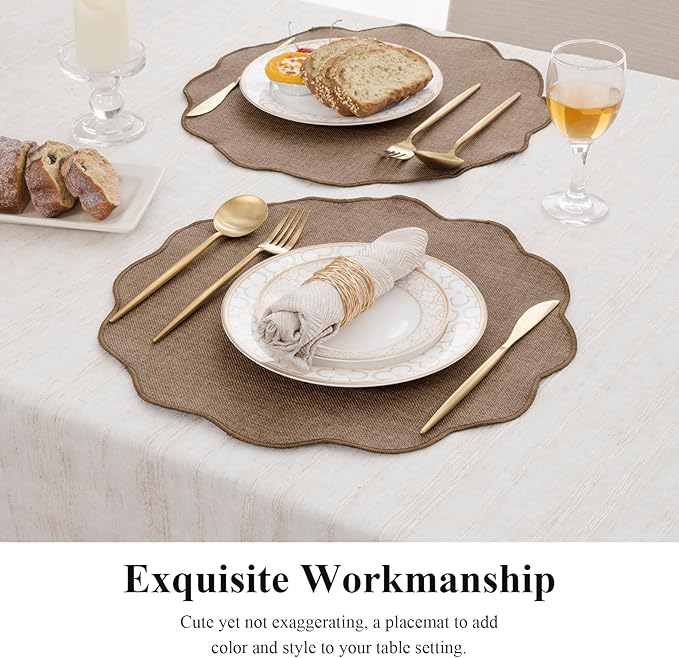 SHACOS Scalloped Round Placemats Set of 6 Polyester Linen Blend 15 inch Washable Non Slip Place Mats Easy Clean Heat Resistant Table Mats for Kitchen Dining Table Decor, Brown