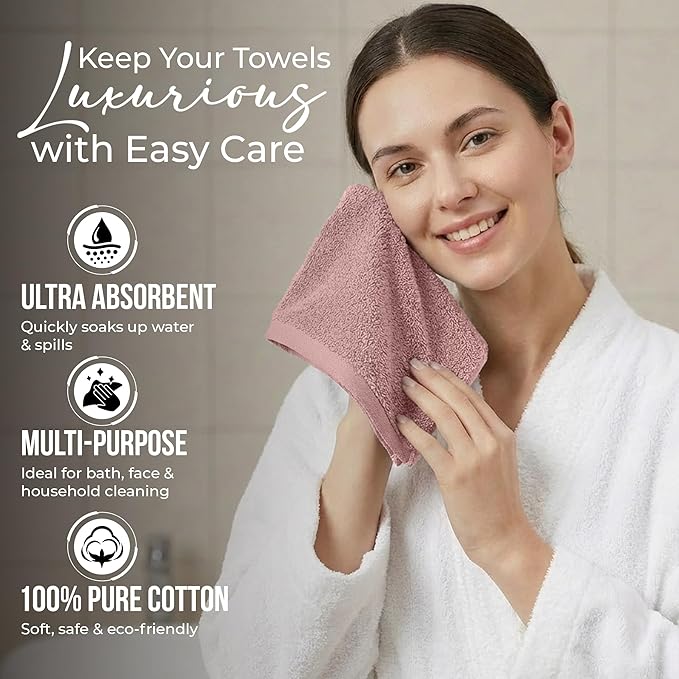 RIVERSIDE Pack of 24 Wash Cloths for Showering, 12 x 12 Inches, Super Soft & Absorbent, 100% Cotton Washcloths Premium Quality Flannel Face Cloths for Bathroom, Gym, Spa (Blush Pink, 24 Pack)