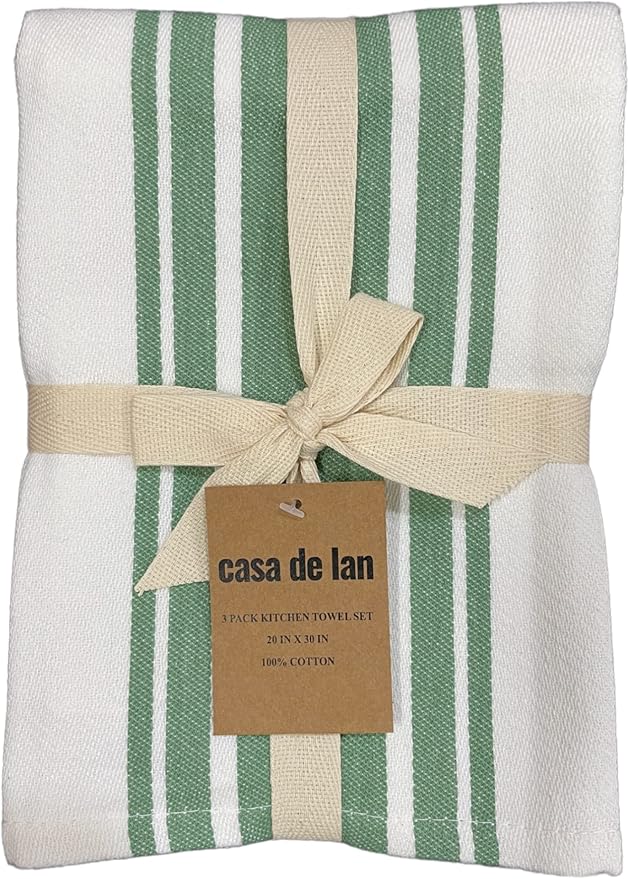 Kitchen Towels Set – Pack of 3 (20’’ x 30’’) Extra Large Premium Cotton Dish Towels for Kitchen – Super Striped Towels – Absorbent – 100% Cotton – with Hanging Loop – Olive