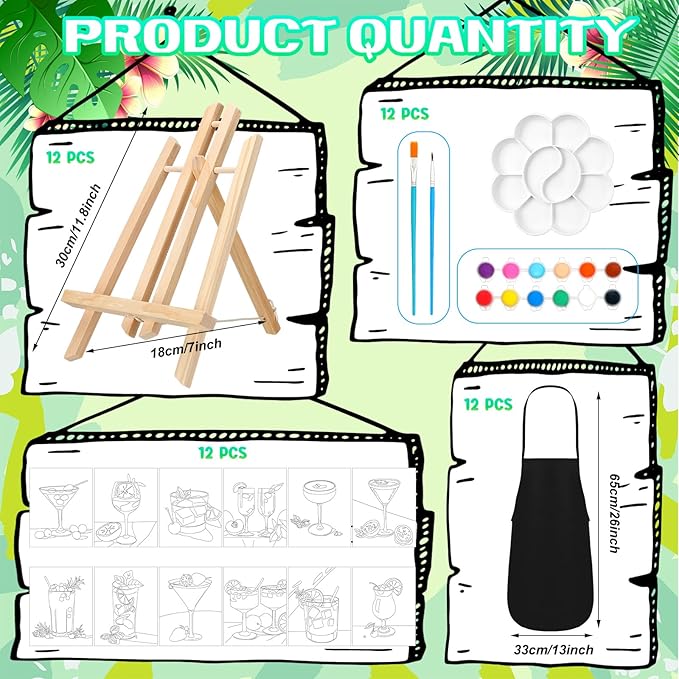 Motipuns 12 Set Pre Drawn Canvas for Painting for Adults Sip and Paint Kit with Easels 8 x 10 Inches Paint Party Kit with Printed Canvas Paints Brushes Palette Bag Apron(Cocktails)