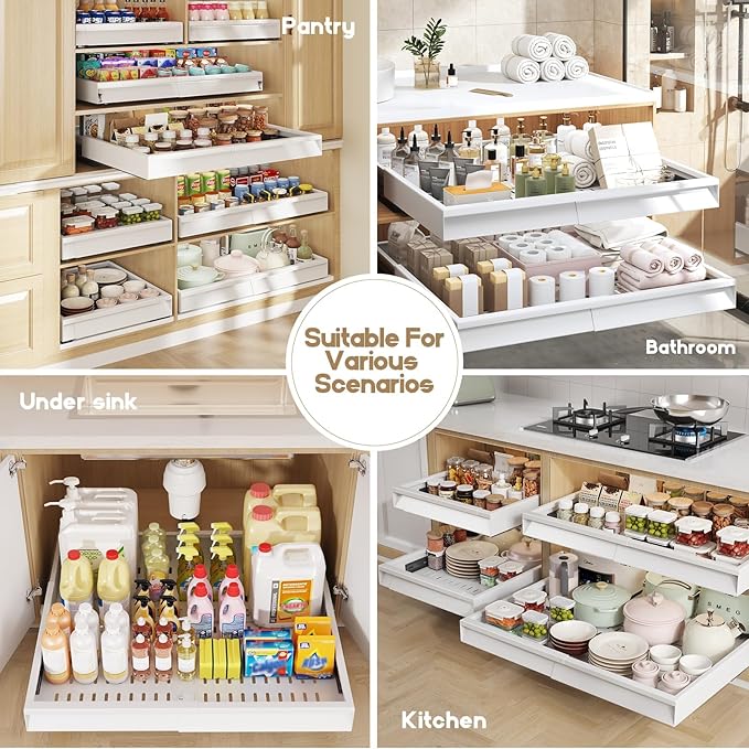 Seinloes 2 Pack Pull Out Cabinet Organizer With Raising Pad for Framed Cabinets,Expandable Width (15"-25") and Depth (17"-24"),3 Slide Rails Slide Out Drawers with Handle,No-Drill Roll Out Shelf,White