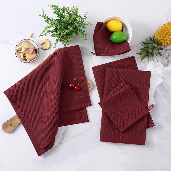 Homaxy 100% Cotton Waffle Weave Dish Cloths - 6 Pack Soft and Absorbent Dish Towels - 12 x 12 Inches Quick Dry Dish Rags - Burgundy