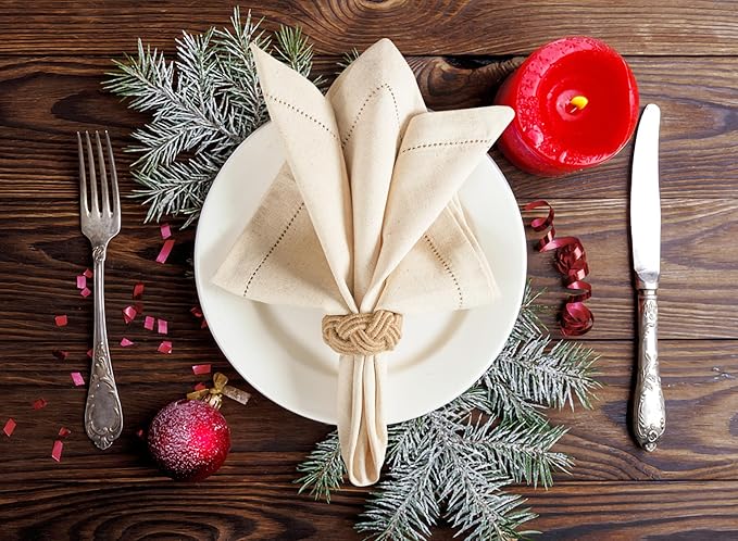 Lightnpro Flax Linen Napkins Set of 12 – Hemstitched Dinner Cloth Napkins, Washable and Reusable Natural Flax Napkins for Dining, Parties, Weddings, Holiday & Everyday Use – 18x18 Inch Natural Color