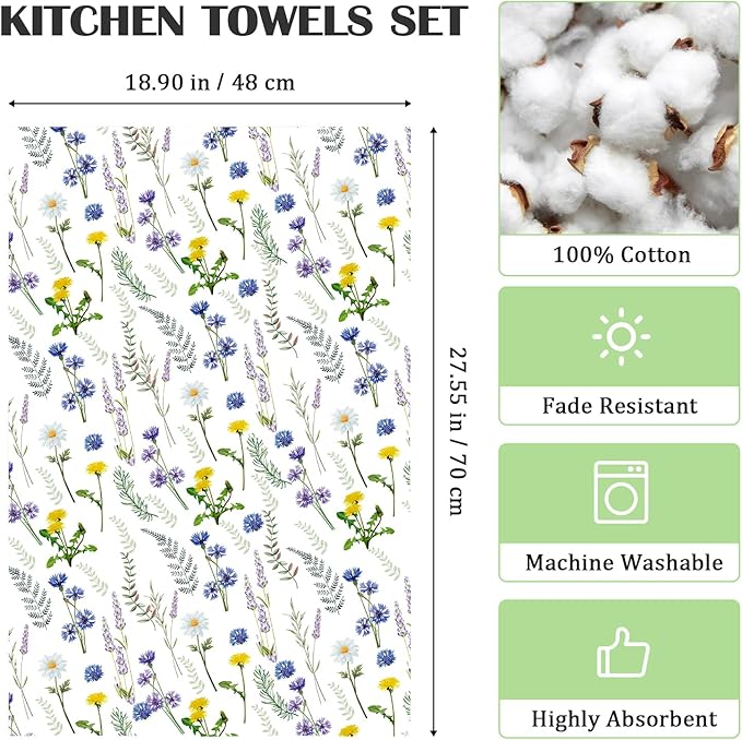 Wildflower Tea Towels, Cotton Kitchen Towel 18.9 × 27.5 inch, Quick Drying Dish Cloth for Party Anniversary Holiday Decoration, Housewarming Gifts for Mom
