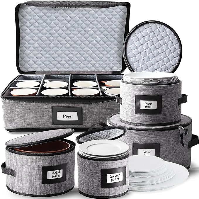 Fine China Storage Containers, 5 Piece Quilted Dish Storage Containers, Mug, Cup, and Plate Dish Organizer with Felt Dividers, Service of 12 Dinnerware Boxes for Moving, Seasonal Organization, Grey