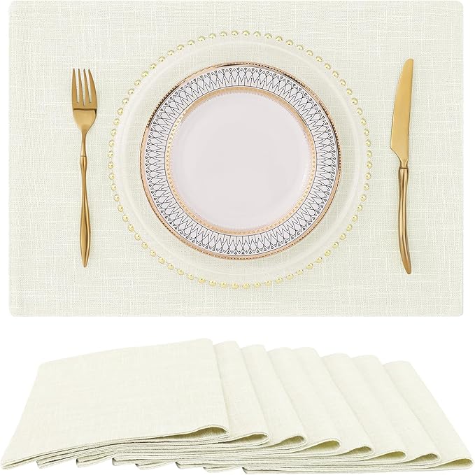 homing Cotton Linen Placemats Set of 8, Cloth Washable Farmhouse Dining Table Mats for Indoors & Outdoors, Easy to Clean, Cream, 13 x 19 Inch
