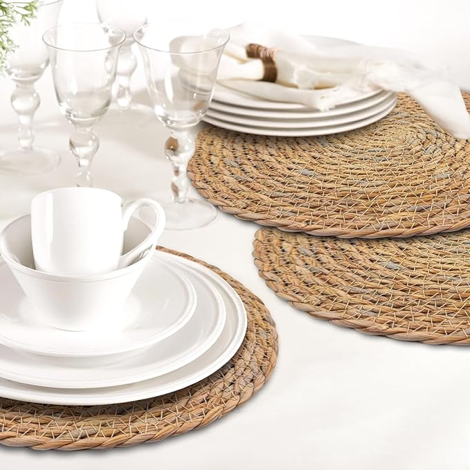 Niviy Round Woven Placemats Set of 4, with 72 Inches Long Farmhouse Macrame Table Runner Burlap Cotton Linen Table Runners Chargers for Dinner Plates, Beige & Brown