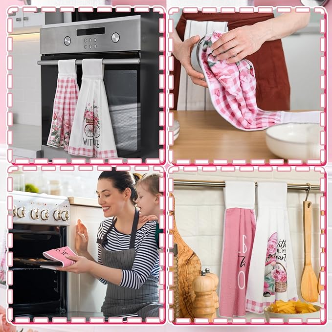 Tegeme 6 Pcs Hanging Kitchen Towels with Loop, Absorbent Hand Tie Towels Microfiber Decorative Fast Drying Kitchen Hanging Towel for Home Bathroom(Pink Rose)