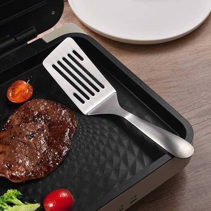 IMEEA Small Metal Spatula Set 10-Inch, SUS304 Stainless Steel Flat & Slotted Turner for Eggs, Pancakes, Sandwiches, Compact Kitchen Spatula Set of 2