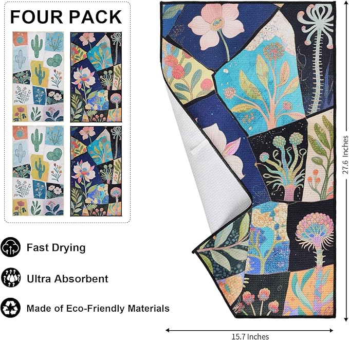 Waffle Kitchen Towels Set of 4 Pack 15.7" x 27.6" Quick Dry Microfiber Tea Dish Towel with Hanging Loop, Ultra Absorbent Reusable Cleaning Dishcloths, Decorative Hand Towels Housewarming Gifts
