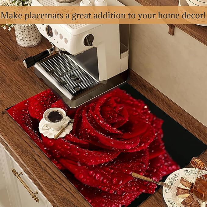 Red Rose Flower Placemats Set of 6 Place Mats for Kitchen Table Washable Farmhouse Linen Table Mats Dining Decoration 12x18 Inch