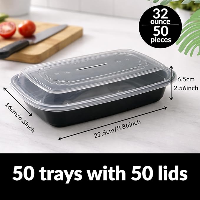 32oz Meal Prep Containers with Lids - 50 Pack BPA Free To Go Food Containers, Stackable & Leak Resistant Bento Box, Microwave/Dishwasher/Freezer Safe