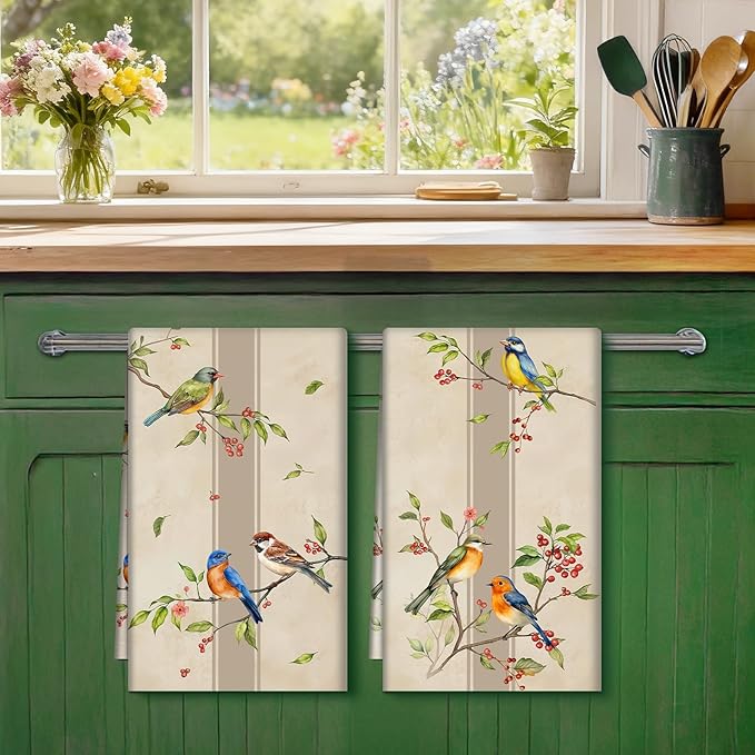 Bird Branch Tea Towels 100% Cotton Quick Dry Retro Kitchen Towels, 18.9 x 27.5'' Absorbent Dish Cloth for Kitchen Home Decor, Housewarming, Birthday Gifts for Mom, Set of 4