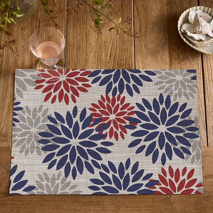 Artoid Mode Floral Vinyl Plastic Placemats Set of 4, 12x18 Inch 4th of July Patriotic Memorial Day Washable Non-Slip PVC Place Mats for Party Kitchen Dining Decor, Red Blue