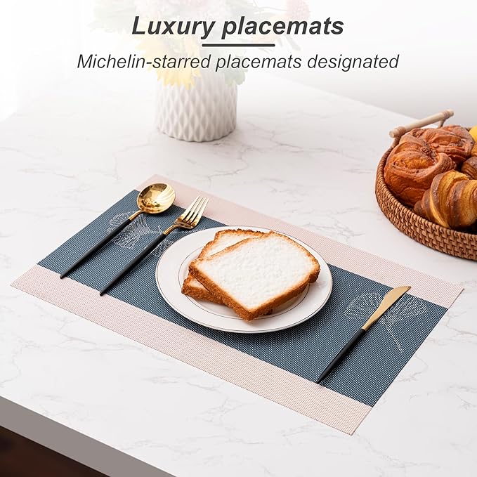 CADONO Placemats Set of 6 Washable Indoor/Outdoor Vinyl Place Mats for Dining Table Durable Non-Slip Heat Resistant PVC Weave Table Mats（Ginkgo biloba Blue White）