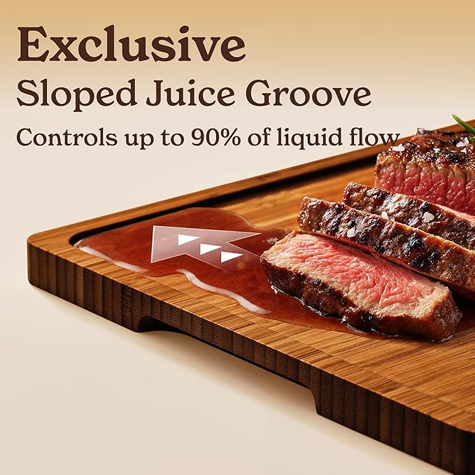 SMIRLY Wood Cutting Boards for Kitchen Wooden Chopping Board Set Reversible with Deep Juice Grooves Grip Handles, Large Charcuterie Tray, New Apartment Essentials, Carbonized Bamboo, 3Pcs with Holder