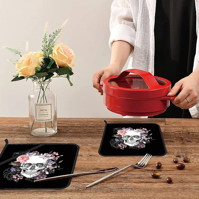 Skull with Flowers Pot Holders Set of 2 Kitchen Heat Resistant Potholder for Microwave Cooking Baking Oven End Dishes and BBQ
