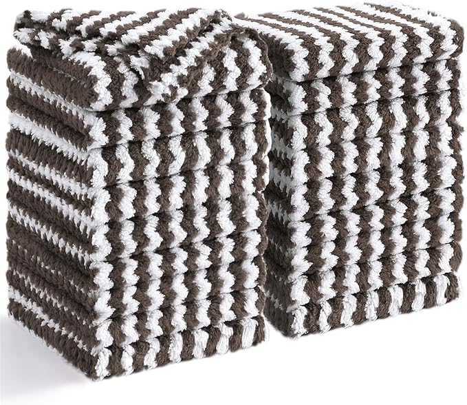 Homaxy 18 Pack Kitchen Dish Cloths, Ultra Soft and Absorbent Dish Towels, Reusable Fast Drying Microfiber Cleaning Cloth, Coral Velvet Wave Design no-lint, 10 x 10 inches, Brown