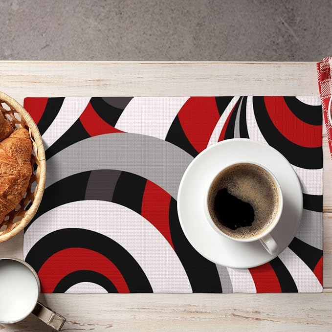 Black Red Retro Modern Swirl Linen Placemats Set of 4, Washable Heat Resistant Table Mats for Dining Table Kitchen Party Holiday Outdoor Farmhouse Gardening, Kitchen Home Decor, Black Red White Grey