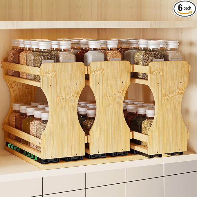 BAMEOS Pull Out Spice Rack Organizer for Cabinet, Bamboo Wide 13.9" Slide Out Seasoning Organizer for Kitchen, No Drill Anti-Tip Ball Bearing Silent Glides, Pantry Cabinet Organizer,Natural