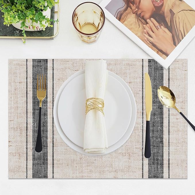 CSFOTO Modern Minimalist Line Decorative Placemats Set of 4 Heat-Resistant Non-Slip Kitchen Table Mats Khaki Woven Rectangle Placemats for Dining Table 18"x12" Washable, Black Stripe