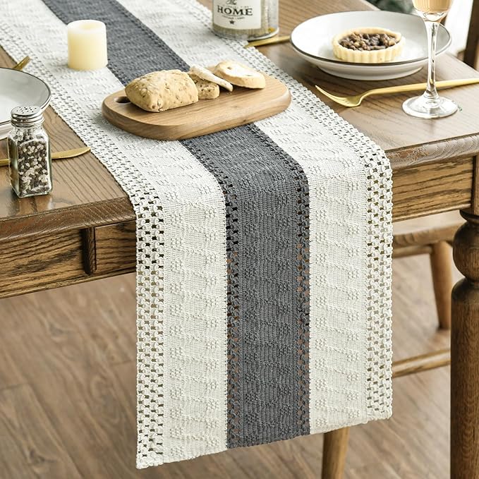 Artoid Mode Dark Grey Farmhouse Rustic Table Runner, Seasonal Holiday Hollow Kitchen Dining Table Decoration for Home Party Decor 12x36 Inch
