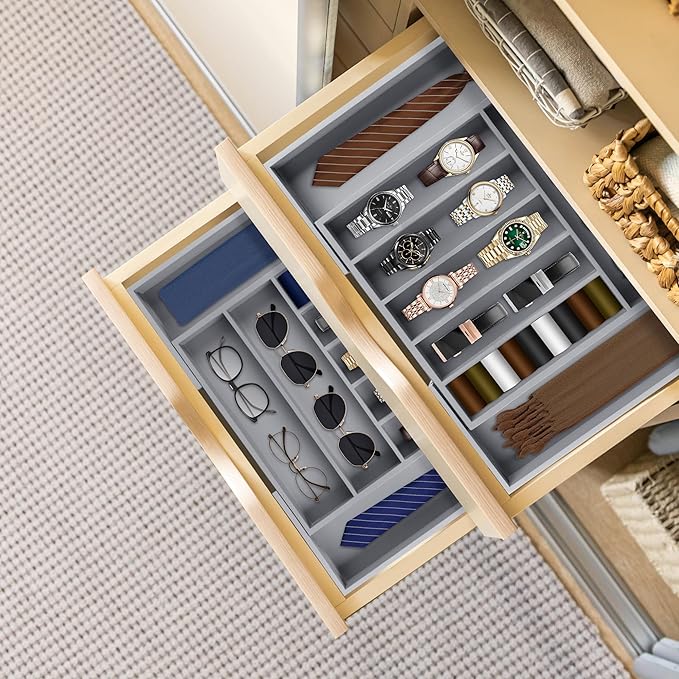 Large Premium Bamboo Silverware Organizer - Expandable Drawer Organizer & Utensil Organizer - 17"x19.7" Cutlery Tray with Dividers for Kitchen Utensils and Flatware (7-9 Slots) (Grey)
