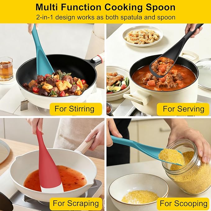 Beijiyi 3 Pack Silicone Spatula Spoon, 12.6 In, Multifunction Kitchen Cooking Spoons, Great for Nonstick Cookware Cooking and Serving, BPA-Free Seamless Design, Multicolor (Black/Blue/Red)