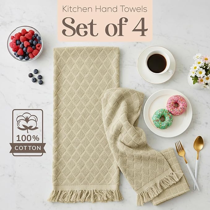 MosJos Kitchen Towels, Set of 4 Hand Towels, Sage Taupe Diamond Pattern Drying Towels 18 x 28 Super Absorbent Cotton Hand Cloths with Fringed Edges, Everyday Essentials Kitchen Linens