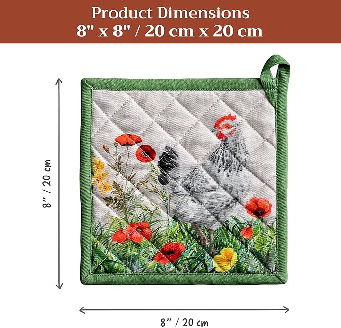 Maison d' Hermine Pot Holders 100% Cotton Heat Resistant Potholders 8" x 8" Hot Pads with Loop BBQ Cooking Baking Gifts for Mothers Day Handling Hot Pans Spring/Summer (Pack of 2, Basse Cour)