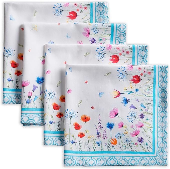 Maison d' Hermine Cloth Napkins Set of 4 100% Cotton Everyday Reusable Square Napkins Cloth Washable Dinner Wedding Restaurant Gifts for Mothers Day Spring/Summer (Flower in The Field, 20" x 20")