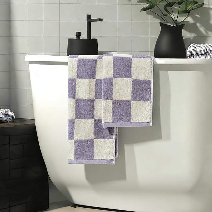 Madi-Cadi 100% Cotton Checkerboard Towels Set of 2, Farmhouse Kitchen & Guest Bathroom Towels, 13 x 29 Inches, Highly Absorbent Lint-Free Dish & Hand Towels with Double-Stitched Hems(Lavender)