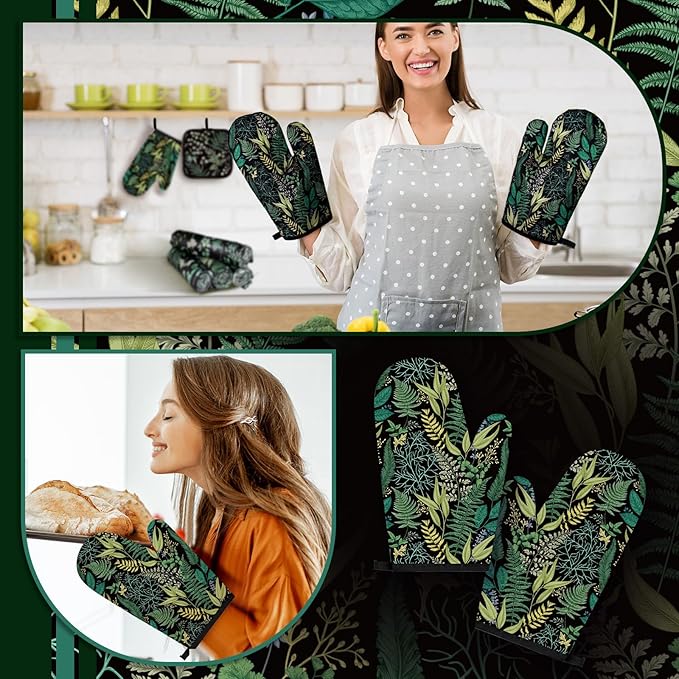 VitalCozy 10 Pcs Sage Black Kitchen Decor Set Black Kitchen Towels and Rugs Oven Mitts Pot Holders Absorbent Towels for Baking Cooking BBQ Gifts Home Decor