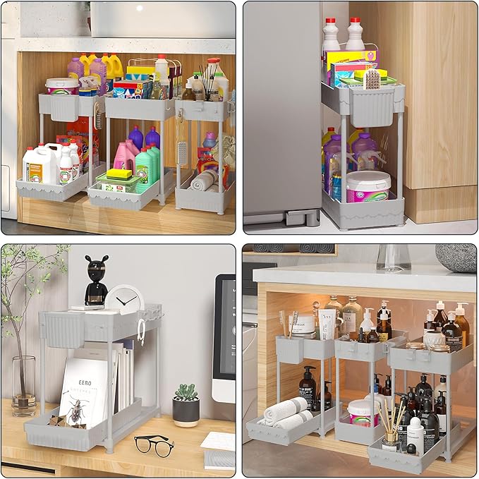 Sevenblue 3 Pack Under Sink Organizers, 2-Tier Multi-Use Kitchen and Bathroom Organizers and Storage with Sliding Drawers, Bathroom Cabinet Organizer (Gray, 12.8 Inch)