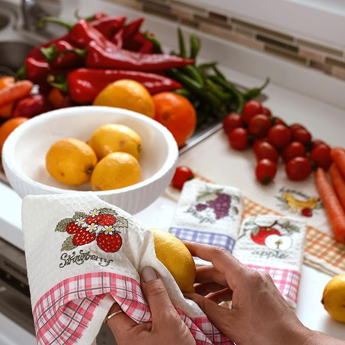 Lavien Home, Dish Towels for Kitchen, Turkish Cotton Waffle Weave Fruits Embroidered Washable Tea Towels with Plaid Housewarming Gift (Set of 4), 16 x 24 inches