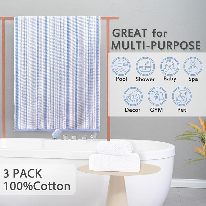 VOOVA & MOVAS Towel Set for Bathroom - 100% Cotton, Quick Dry, Thick, 3 Piece Towel Set, 1 Blue Stripe Large Bath 27"x52",1 White Hand 18"x28",1 White Washcloth 13"x13",Dorm Room Essentials