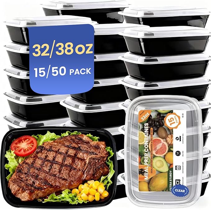 15 Pack 32oz Meal Prep Containers Reusable BPA-Free, Disposable Food Storage Take Out Containers with Lids, Leakproof Plastic To Go Food Containers, Microwave Freezer Dishwasher Safe