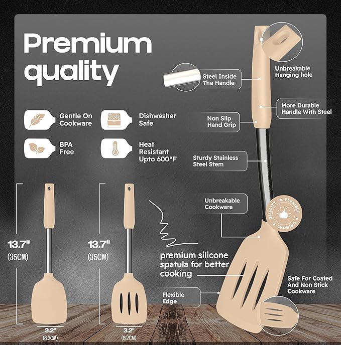 BakeRoyal Silicone Spatula Set - Turner Spatulas Silicone Heat Resistant 600°F - Slotted & Solid Silicone Spatulas for Cooking Fish, Eggs, Pancakes Flipper – Silicone Cooking Utensils Set – Beige