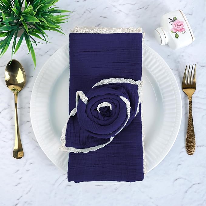 Fingercraft Dinner Cloth Napkin Cotton Muslin Double Gauze 4 Pack with Classic Lace for Everyday Use, Wedding, Party, Christmas, Easter Napkins Cloth are Pre Shrunk and Good Absorbency Navy