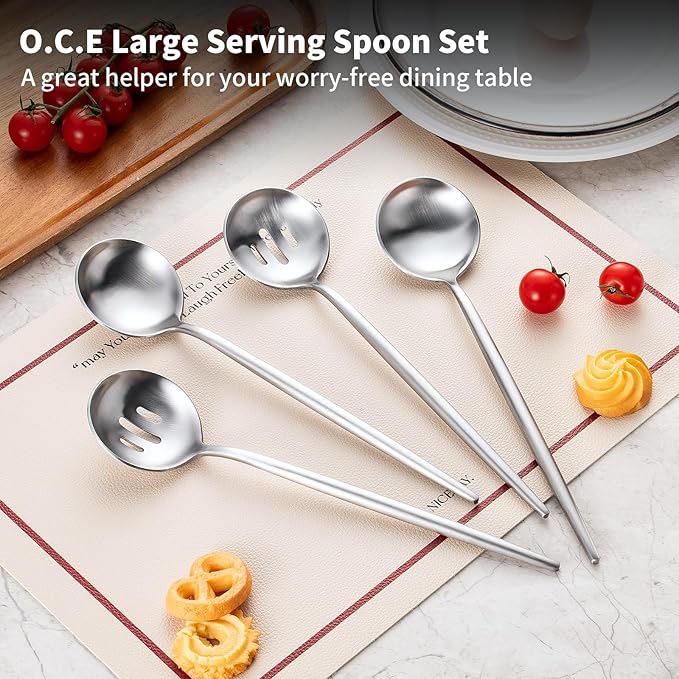 O.C.E. 4 Pieces Serving Spoons Set, 10.3-Inch Large Serving Spoon, Including 2 Spoon and 2 Slotted Spoons, Stainless Steel Flatware Serving Set, for Buffet, Banquet or Gift, Matte Silver