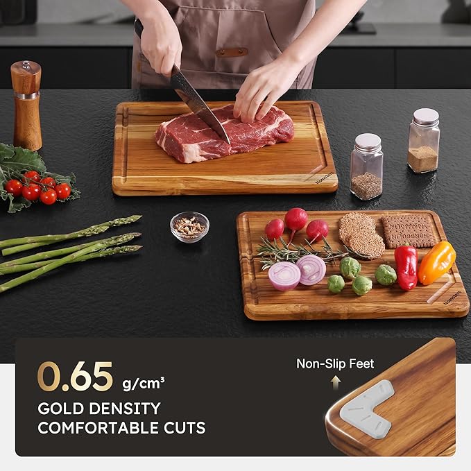 2 Pack Teak Cutting Board for Kitchen Non Toxic Wooden Chopping Board Charcuterie Board Non Slip Over Sink NOT Bamboo Stainless Steel Titanium Acrylic Acacia Olive Glass Plastic Silicone Metal
