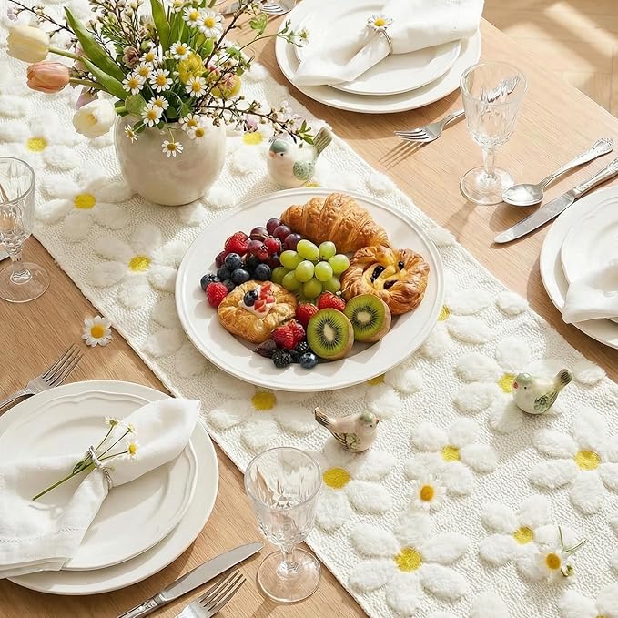 Artoid Mode White Soft Plush Faux Fur Jacquard Embroidery Daisy Spring Table Runner, Kitchen Dining Table Decoration for Home Party Decor 13x120 Inch