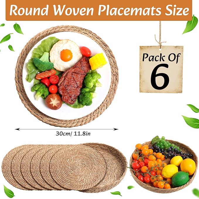 Boho Placemats 4/6/8 Set of Round Woven Placemat Macrame Style Bicolor Stitching Long Table Runner Farmhouse Rustic Natural Burlap Cotton for Kitchen Dining Table(6 Sets,Khaki B,12x72)