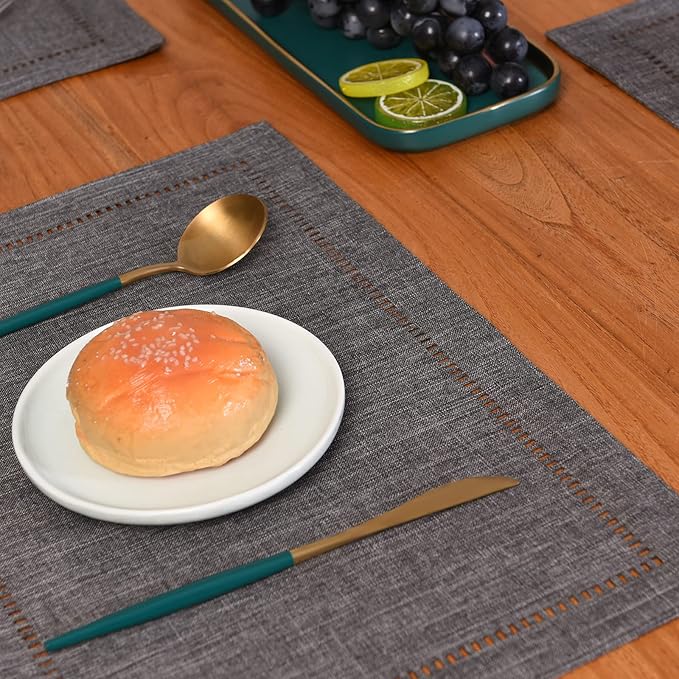 Tosewever Set of 4 Decorative Linen Placemats 12 x 18 Inches, Farmhouse Style Table Mats for Everyday Dining Wedding Party Holiday Home Decor (4 Pieces 12 x 18”, Grey/Straight)
