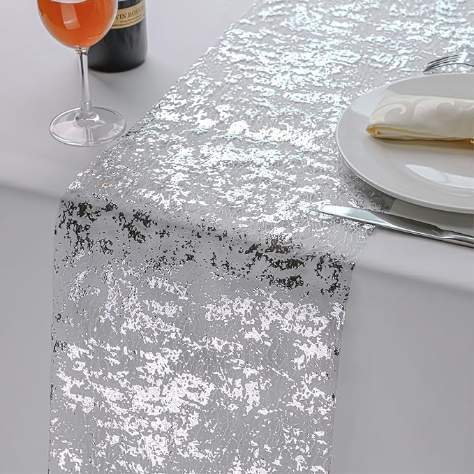 Snowkingdom 2 Pieces Silver Table Runner, Sequin Glitter Foil Metallic Thin Mesh Runner Roll 11"x108", Silver Table Decorations Centerpiece for Wedding Birthday Party Christmas