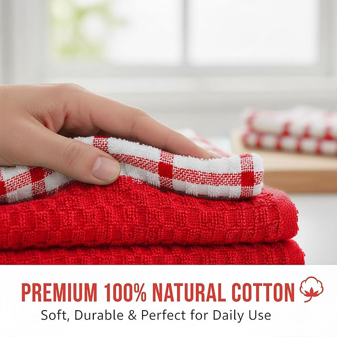 GOLD TEXTILES Kitchen Towels 12 Pack Premium 100% Cotton Dish Towels for Kitchen (15 x 25 Inches) Super Soft & Absorbent Kitchen Hand Towels for Drying Dishes, Cleaning - Reusable and Washable (Red)