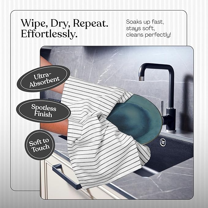 Multi Colors Kitchen Towels 3 Pack, 100% Cotton, Classic Striped Towel Set, Super Absorbent & Durable Dish Cloths, Quick Drying Fabric for Drying Dishes - Beige, Rust, Black